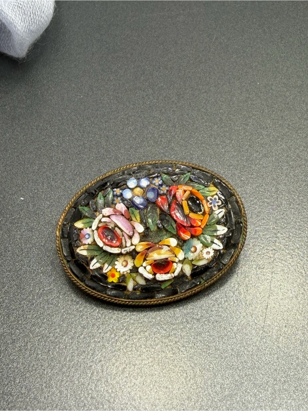 Vintage Floral Micro-Mosaic Oval Brooch